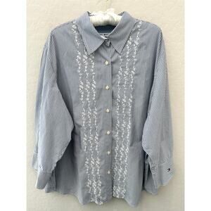 TOMMY HILFIGER Blue White Striped Embroidered Button Down Shirt Cotton | Size 24